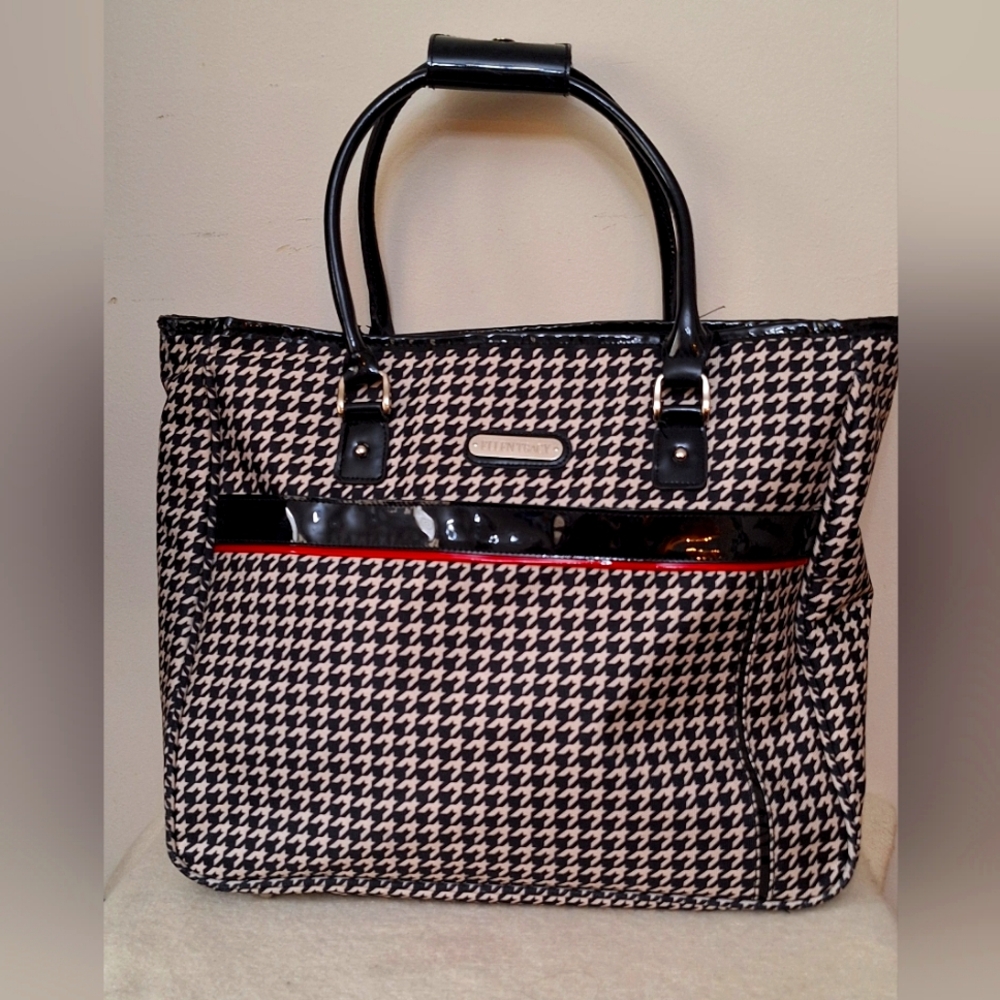ELLEN TRACY BLACK & WHITE HOUNDSTOOTH LARGE TOTE BAG WITH RED VEGAN LEATHER TRIM